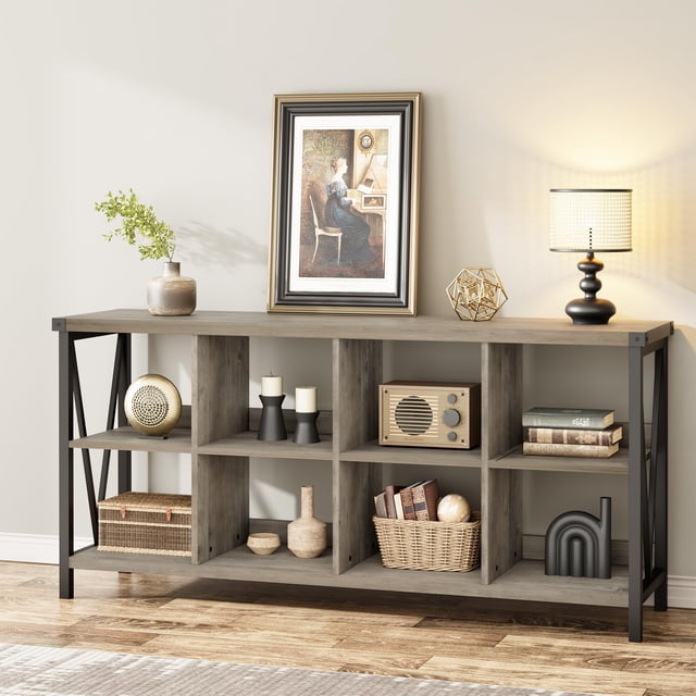 Yiwa 8 Cube Storage Organizer Bookshelf, 3 Tier Metal Horizontal Bookcase, 62 Inch Console Bookshelves, Industrial Storage Bookcase for Entryway, Long Low Bookshelf for Living Room