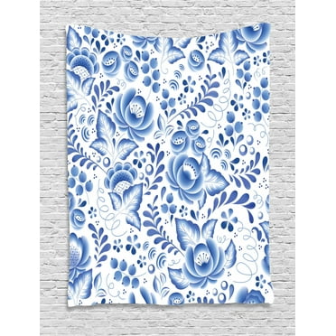 Vintage Blue Tapestry, Chinese Style Traditional Motif Floral Pattern with Berries Leaves, Wall Hanging for Bedroom Living Room Dorm Decor, 40W X 60L Inches, Cobalt Blue and White, by Ambesonne