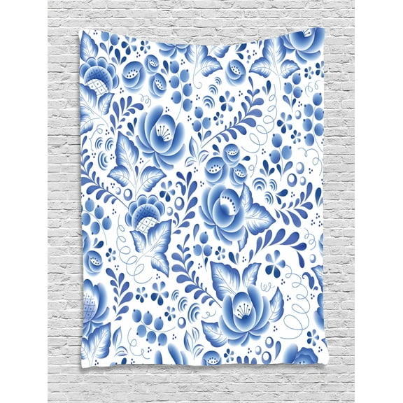 Vintage Blue Tapestry, Chinese Style Traditional Motif Floral Pattern with Berries Leaves, Wall Hanging for Bedroom Living Room Dorm Decor, 40W X 60L Inches, Cobalt Blue and White, by Ambesonne