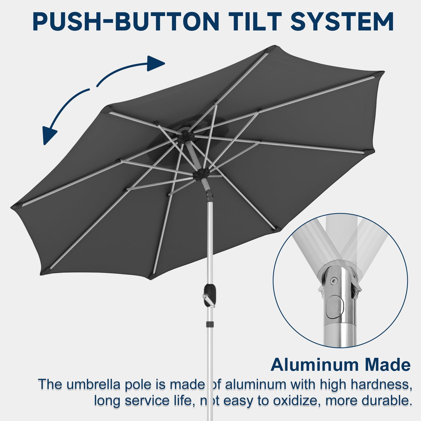 9FT Aluminum Outdoor Patio Umbrella, Fade-Resistant Market Umbrella with Push Button Tilt Function, 8 Sturdy All-Aluminum Ribs for Gardens, Patios, Backyards & Pools (Grey)