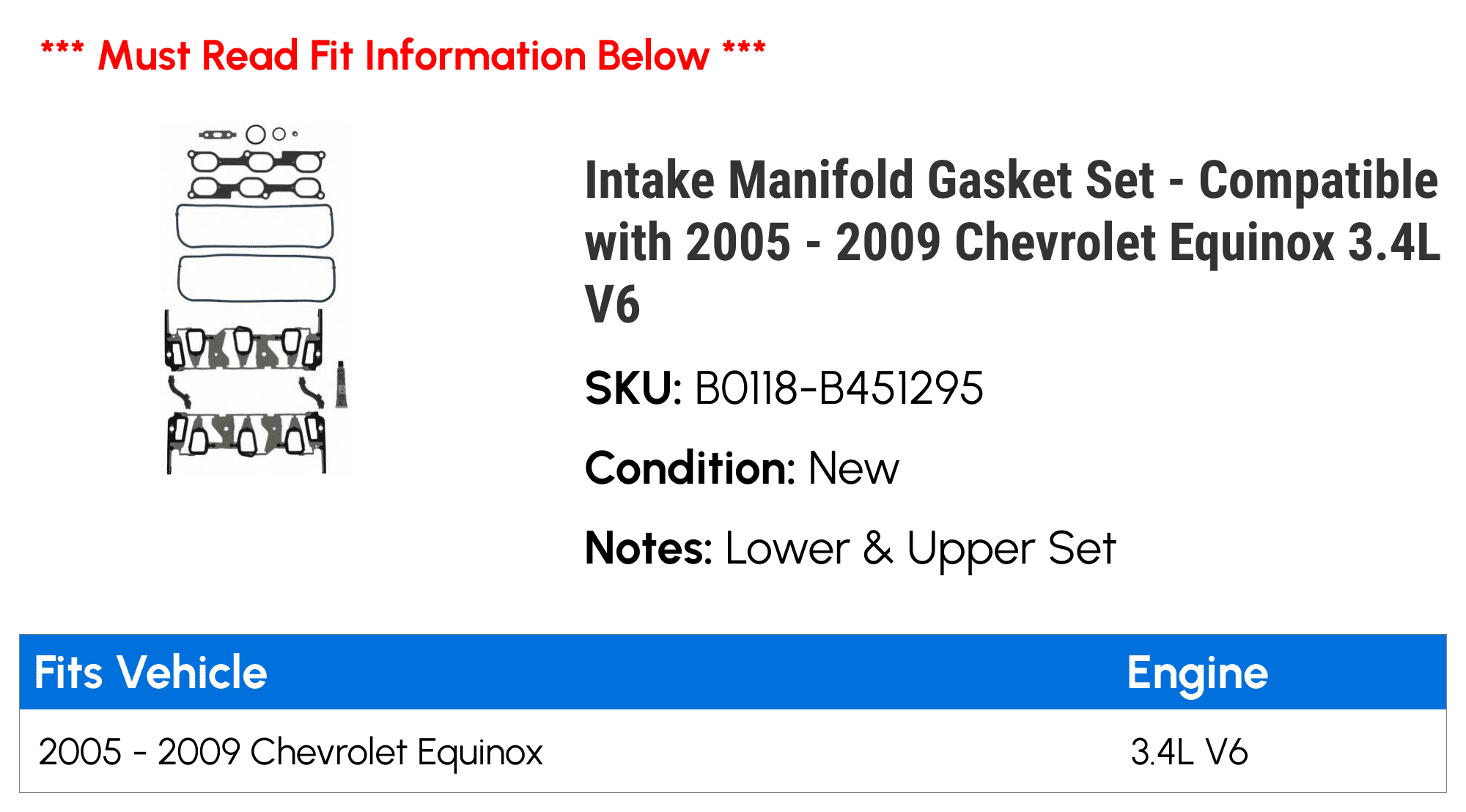Intake Manifold Gasket Set - Compatible with 2005 - 2009 Chevy Equinox 3.4L V6 2006 2007 2008