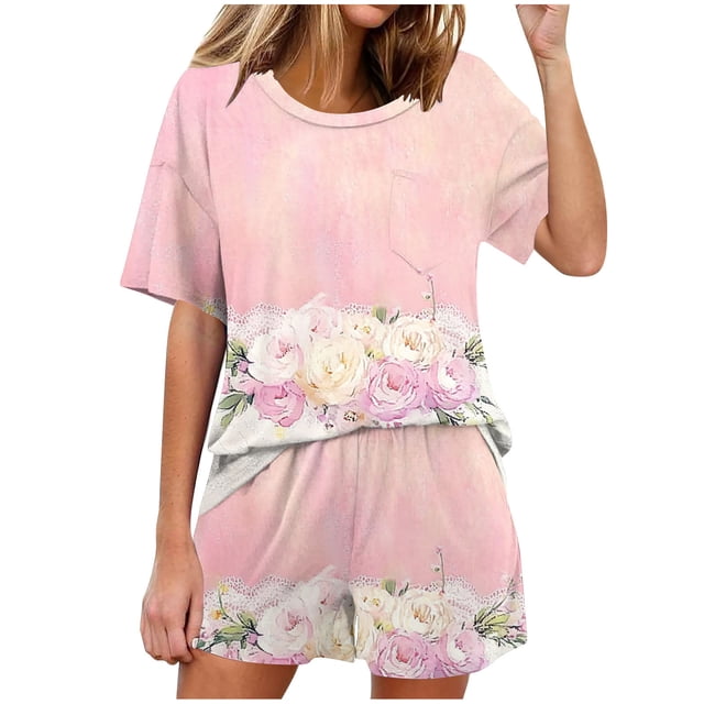 Conjunto de Pijama de las Mujeres de Moda Casual Color Sólido Casa Manga Corta Cuello Redondo Superior Y Pantalones, Ropa de Salón