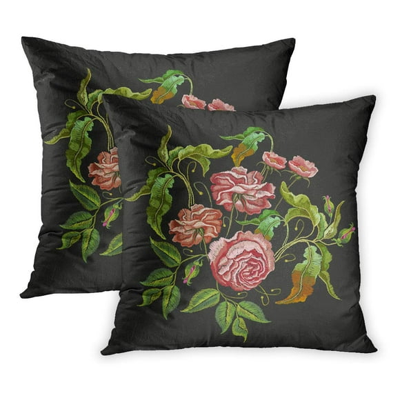 BOSDECO Floral Roses Classical Vintage Buds of on Flowers Renaissance Templates Embroidered Designs Pattern Leaf PillowCase Pillow Cover 16x16 inch Set of 2