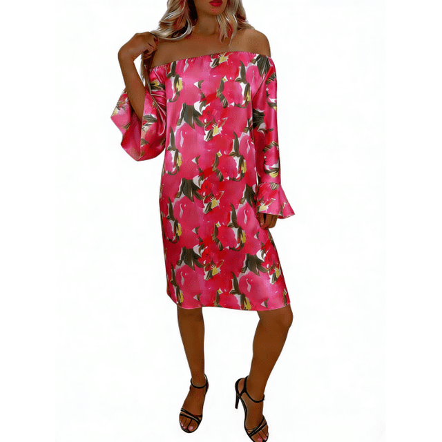Vestido Estampado Fuera Del Hombro con Escote Elástico en Tela Elástica de Poliéster para Fiestas, Vacaciones Y Uso Cotidiano Informal