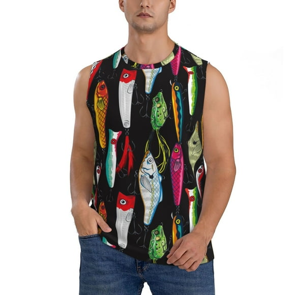 Balery Colorful Fishing Lures Camisetas sin mangas para hombre, absorbe la humedad y protege contra el mal olor.-Large
