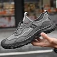 thumbnail image 5 of Men's Grey Matte Leather Hand Stitched Outdoor Walking Shoes Quick Elastic Drawstring Anti-Collision Toe Trekking Sneakers, 5 of 8