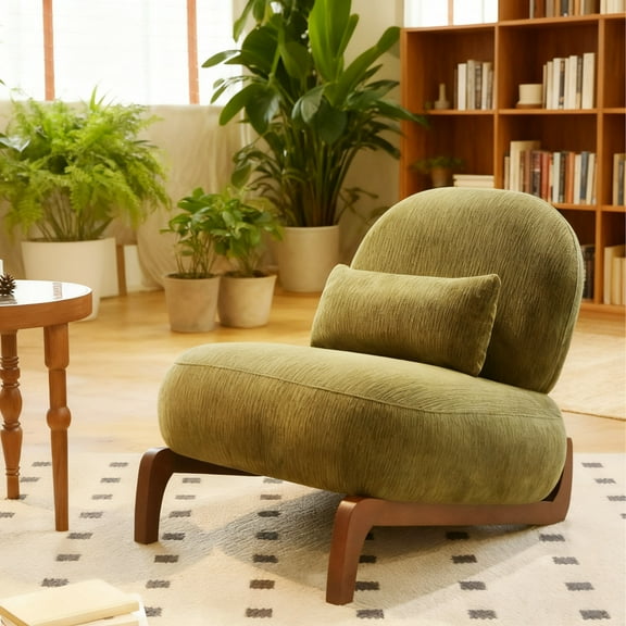 Cute Accent Chair with Solid Wood Legs, Velvet Upholstery, Comfy Armless Reading Chair for Living Room, Bedroom, Apartment, Waiting Room, Balcony - Green