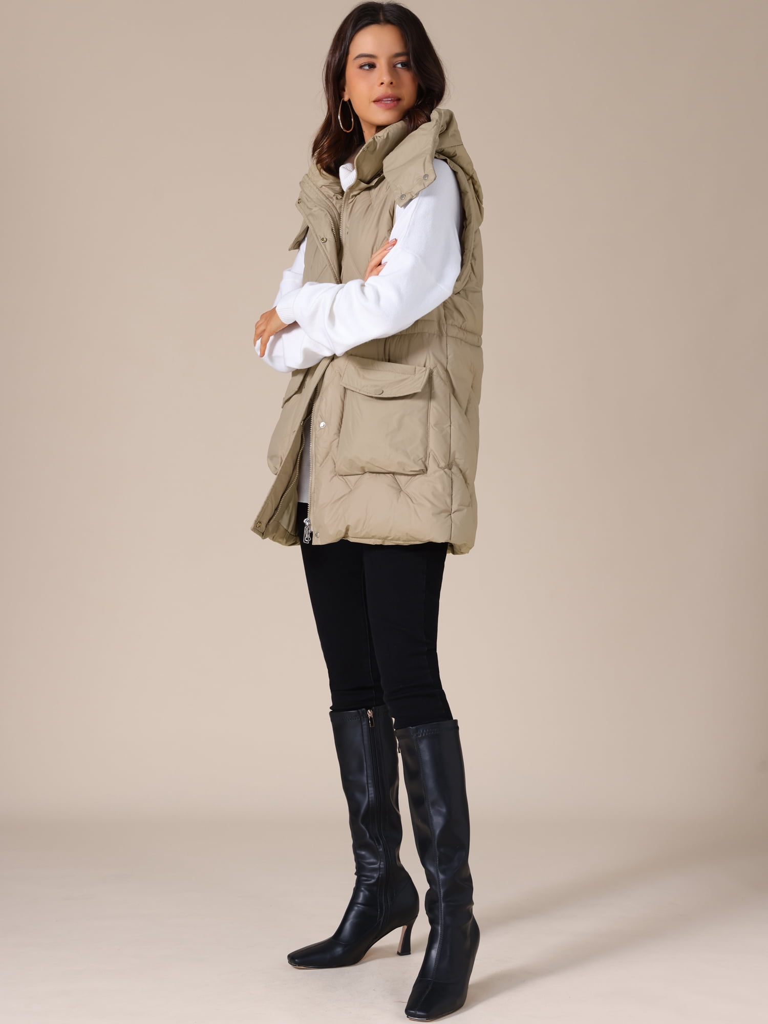 DARING DIVA Women's Puffer Vest Coat Hooded Zip Up Long Sleeveless Jacket 2XL Khaki