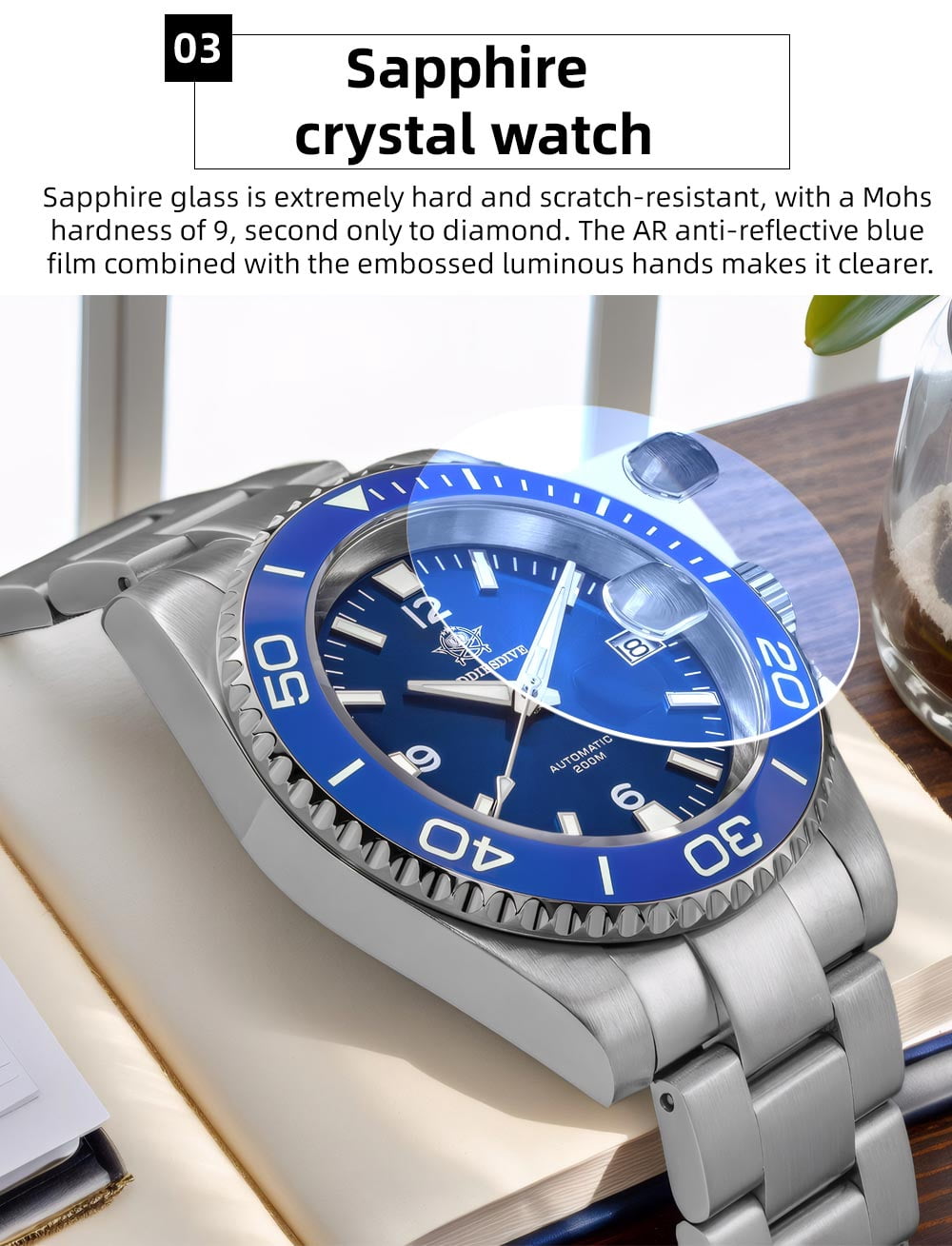 ADDIESDIVE Men's Automatic Diver Watch 200M Waterproof, Japanese Mechanical Movement, Sapphire Crystal & Ceramic Bezel, Super-LumiNova BGW9/C3, Stainless Steel Dive Watch