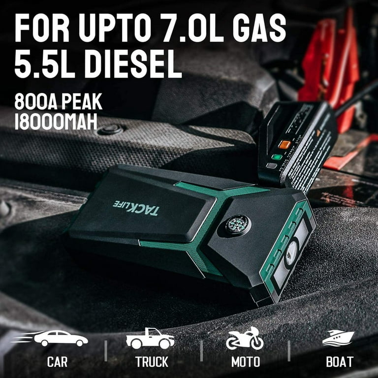 Tacklife 800A Peak 18000mAh Car Jump Starter (Up to 7.0L Gas, 5.5L Diesel Engine), 12V Auto Battery Booster,T8 Green