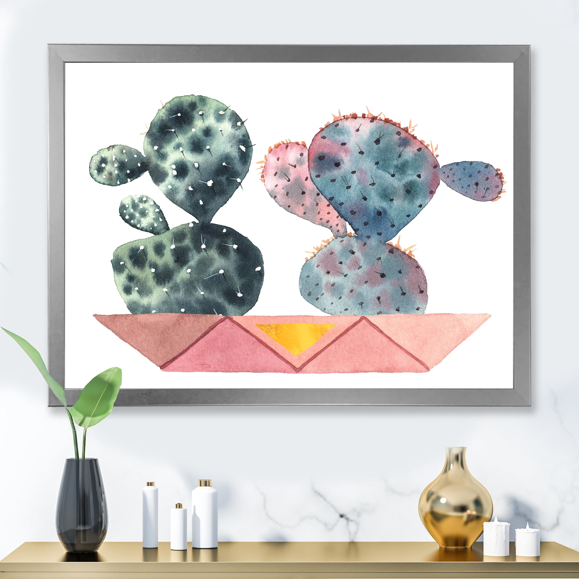 Designart 'Cactus Duo In Pink Pots Geometric' Modern Framed Art Print