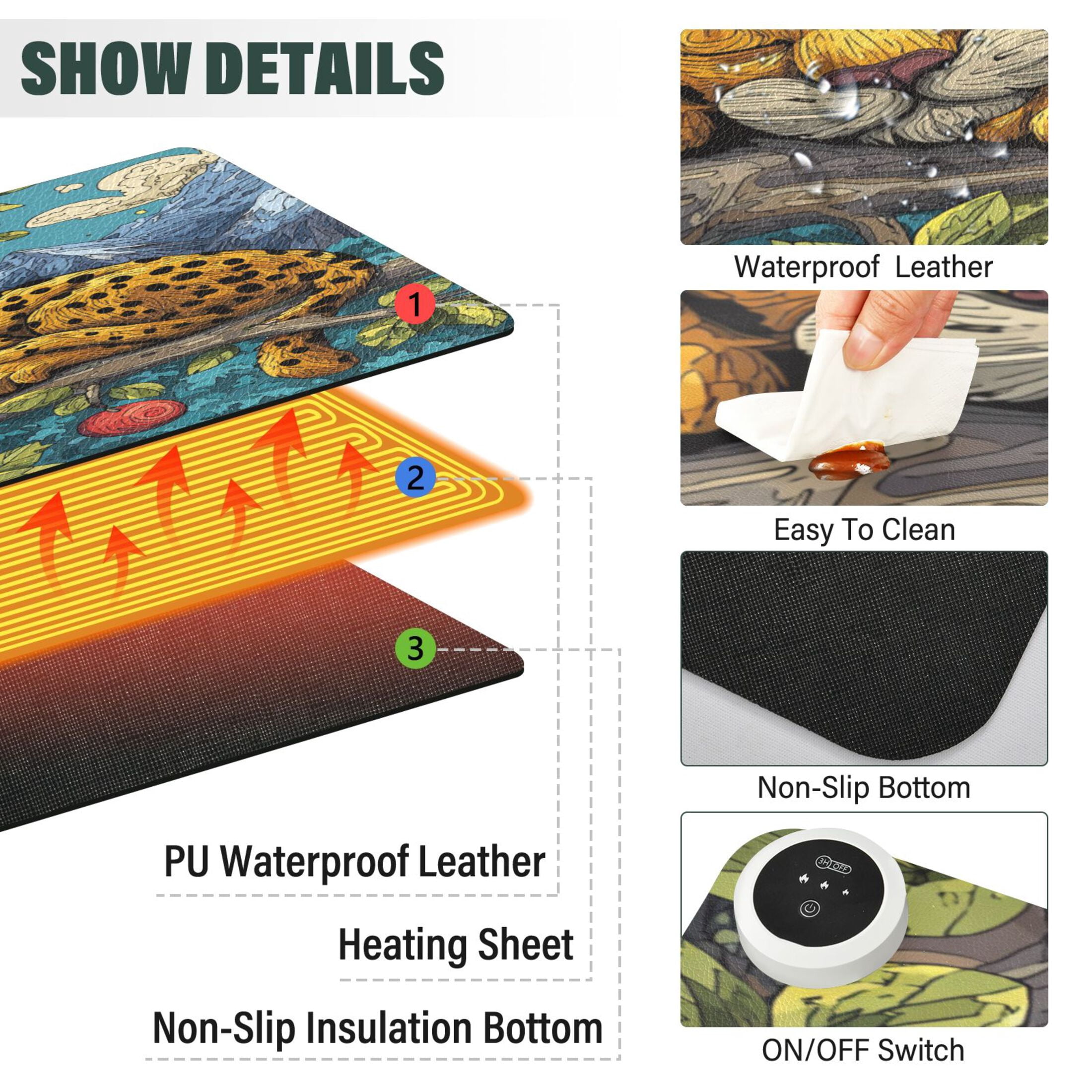 Large Heated Desk Mat Mouse Pad 31.5"x13"PU Leather Graphene Heating Desk Warmer with 3 Temperature Settings 110V US Plug Non-Slip Warm Pad for Home, Office, and Gaming A Cute Leopard Cub Sleeping