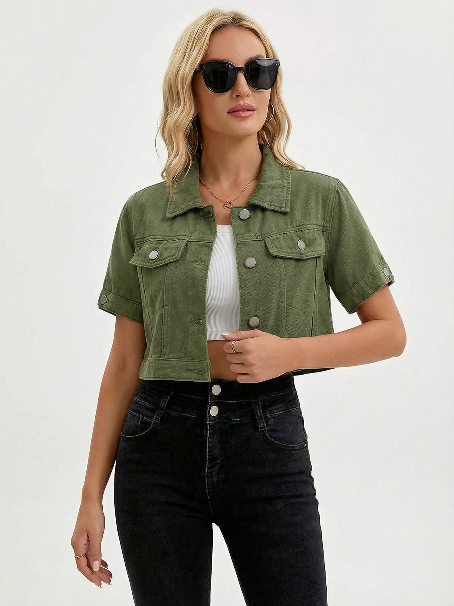 DARING DIVA Women's Short Sleeve Denim rendy Cropped Jean Jacket L Army Green