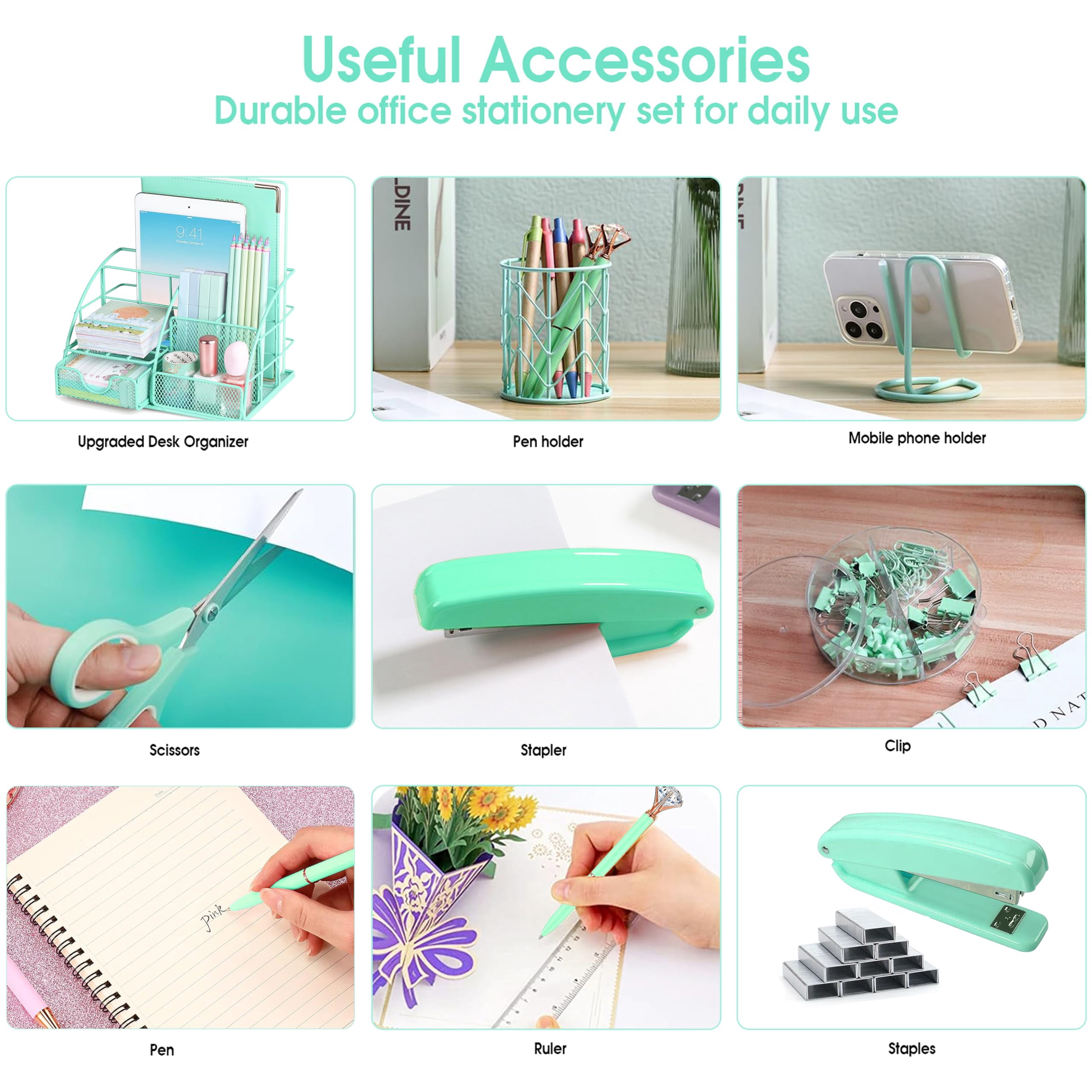Green Desk Organizers And Accessories Office Supplies Set Stapler  Pen Holder Phone Ruler 30 Paper Clips 22 Binder Clip 20 Tacks 1000pcs Staples