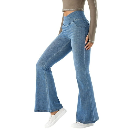 MIXUE Jeans For Women Denim Solid Color High Waist Stretch Wide Leg With 4 Pockets Comfortable Trousers Flared Pants Streetwear,Blue,XS