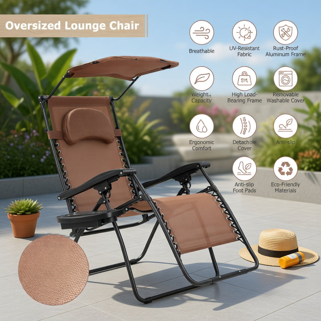 Hommoo Folding Recliner Lounge Chair with Adjustable UV-Protective Shade Canopy, Removable Headrest & Cup Holder, Steel Frame, Brown