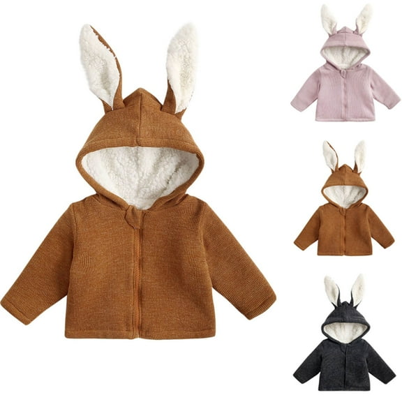 Zpanxa Toddler Rabbit Ear Hooded Jacket 6M-6 Years Detachable Fluffy Fleece Coat Thick Warm Zip Up Outerwear for Playground