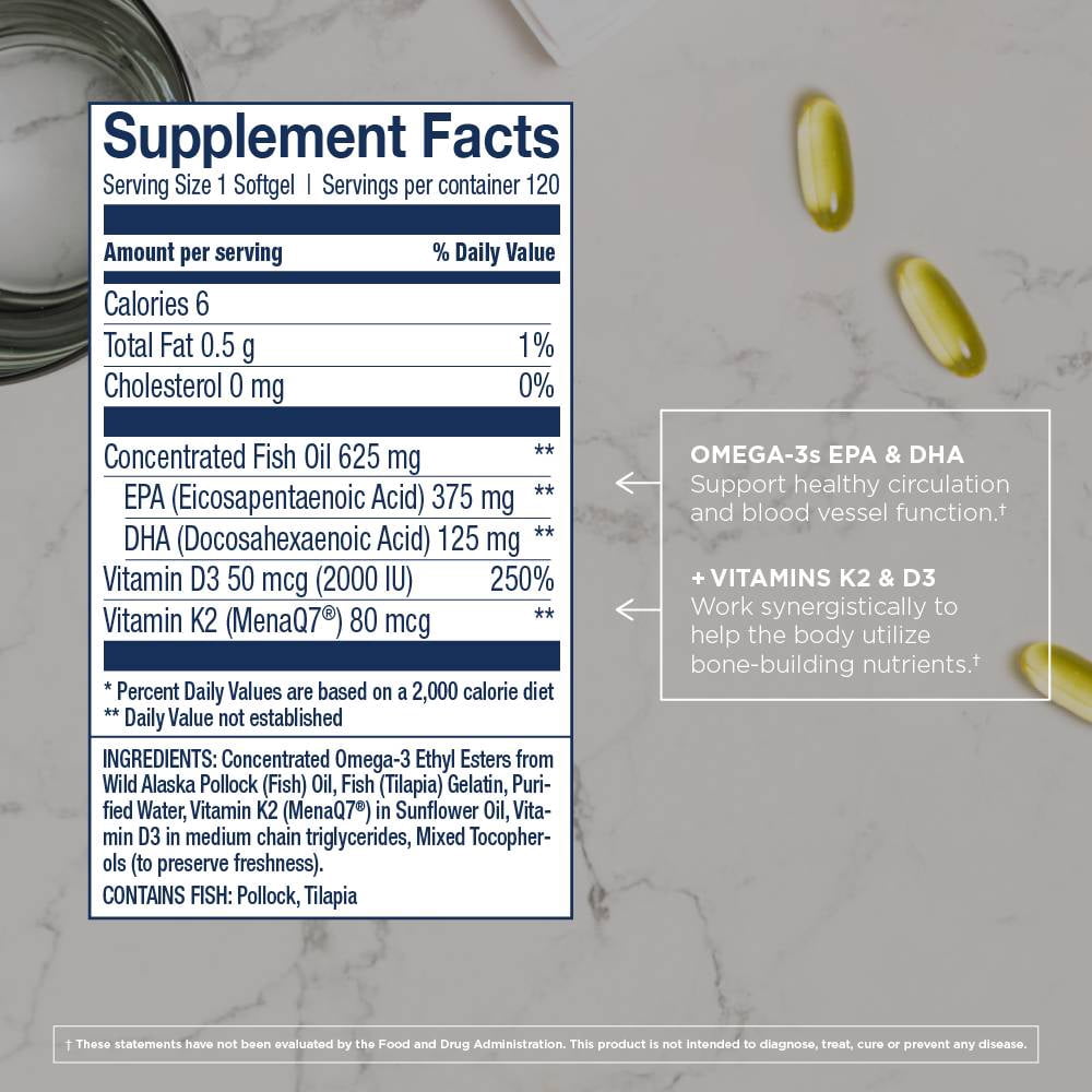 Wiley’s Finest Wild Alaskan Fish Oil Vitamin K2 & D3 Softgels - 500mg of EPA and DHA Omega-3s for Bone and Heart Health Support - 120 Softgels (120 Servings)