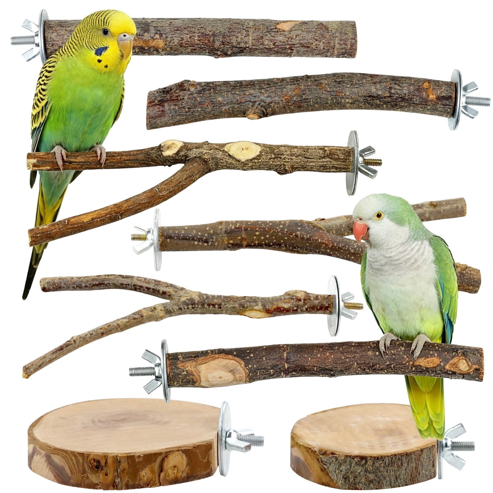 Urieessian 8-Piece Natural Wood Bird Perch Set, Rough Bark Parrot Stand Branch, Cage Accessory for Budgies, Cockatiels & Small Parrots