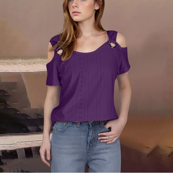 Wlynlyn Womens Clod Shoulder Tops Summer Hollow out Short Sleeve T Shirts Plus Size Going out Blouses Ladies Tunic