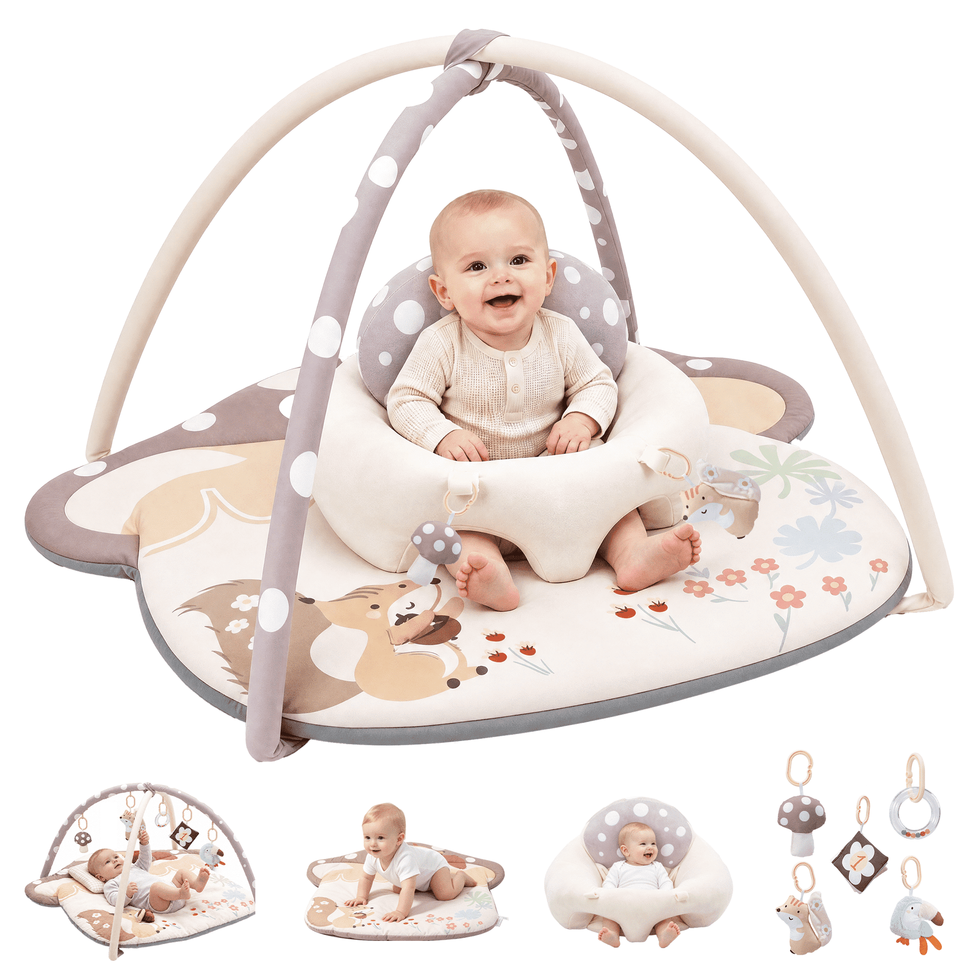 PRVAETU 3-in-1 Baby Play Mat for Infants(Sitting Up, Tummy Time ,Gym Activity) with 5 Detachable Toys,0-18 Months,Newborn Babies Shower Gifts Khaki
