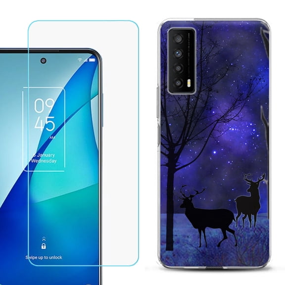 Slim-Fit Gel TPU Phone Case for TCL Stylus 5G, with Tempered Glass Screen Protector, by OneToughShield ® - Midnight Forest