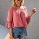 thumbnail image 5 of Top con hombros descubiertos para mujer, mangas 3/4 acampanadas, corte holgado, forro elástico en el interior, blusa de verano, rojo, naranja, S, 5 of 8