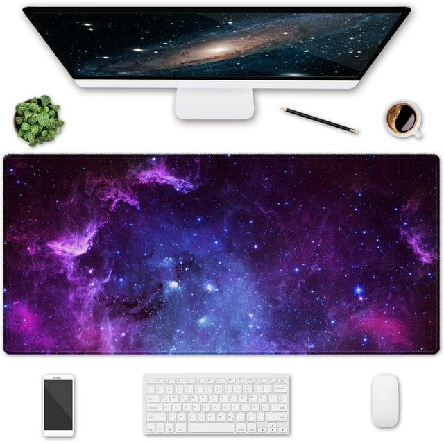 Extended Gaming Mouse Pad, 35.5x15.75 Non-Slip Large Desk Pad Mousepad with Stitched Edges Waterproof Keyboard Mouse Mat Desk Protector for Game, Office and Home, Galaxy