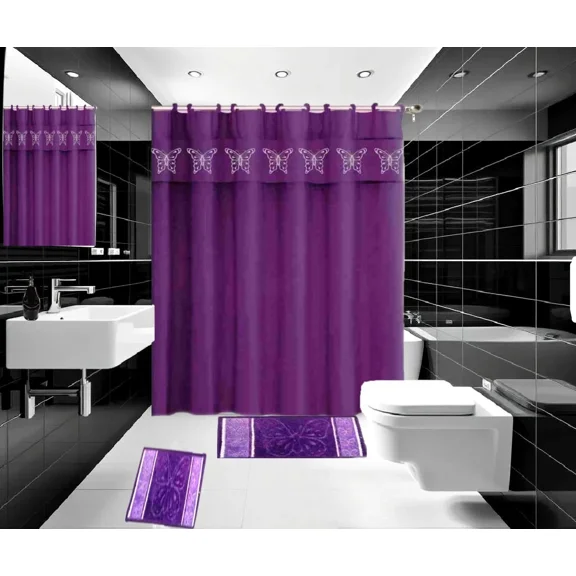 Gorgeous Home Linen 15-Piece Purple Butterfly Bathroom Accessories Set Solid Color Shower Curtain and Rug Combo