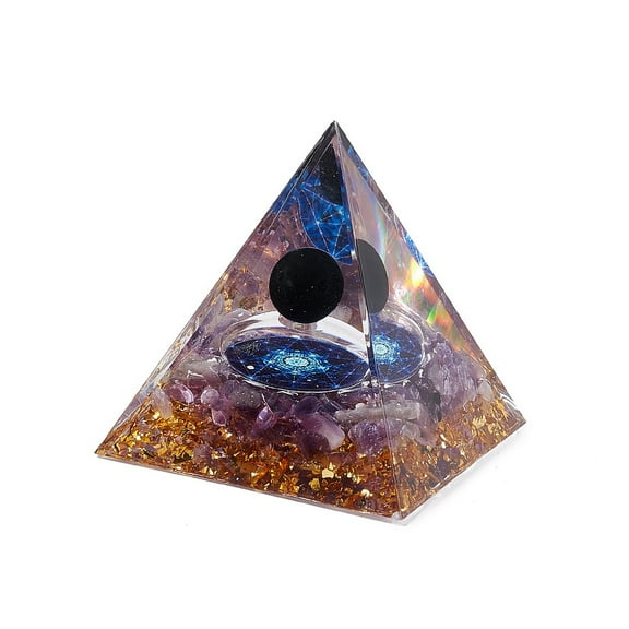 Orgonite Pyramid Resin Display Decorations with golden Foil and Natural Amethyst & Natural Bbsidian Chips Inside for Home Office Desk 50x50x51.5mm