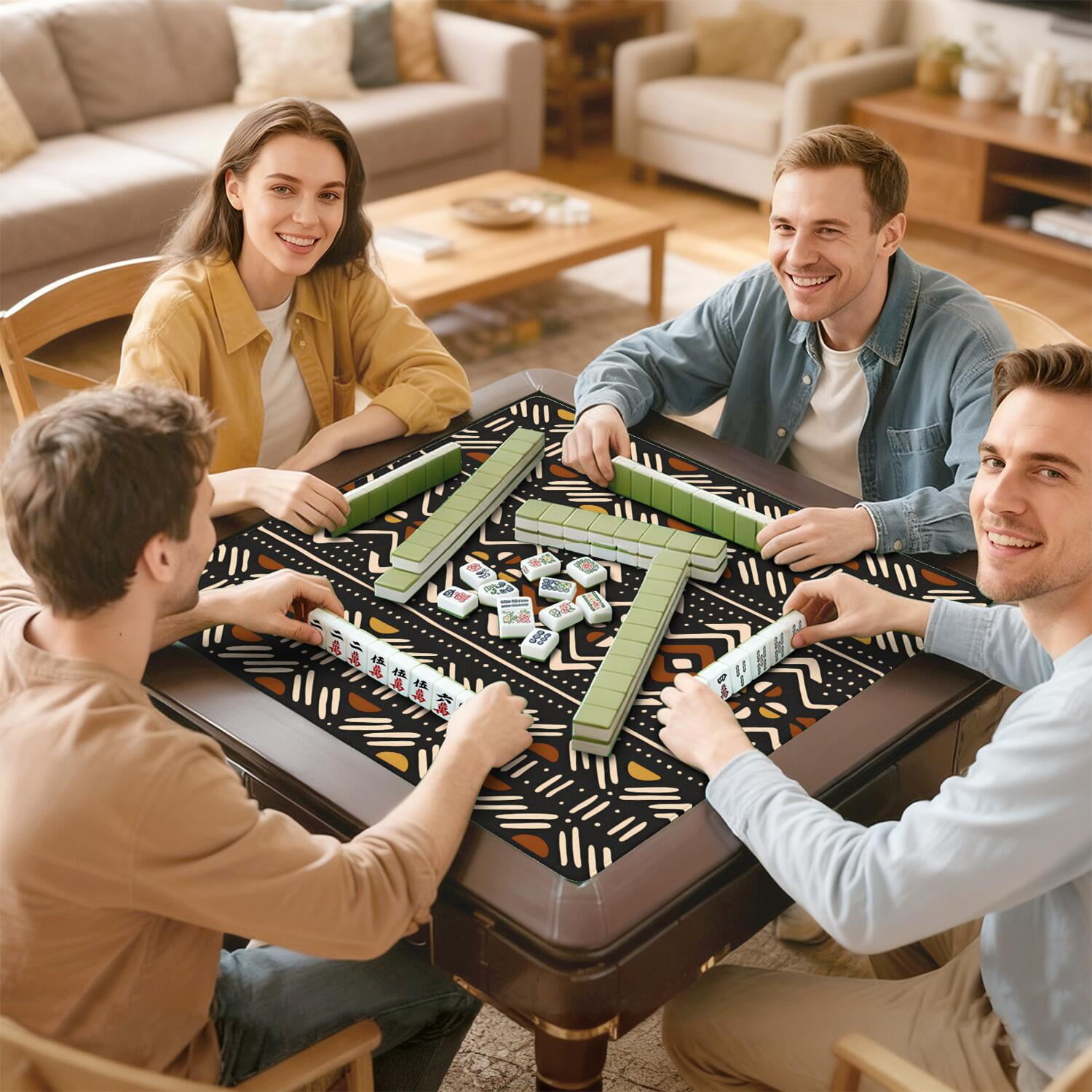 Boho Themed Large Rubber Mahjong Mat 31.5 Inch Square Game Table Pad with Non-Slip Backing and Quiet Design for Playing Tiles Cards and Entertainment