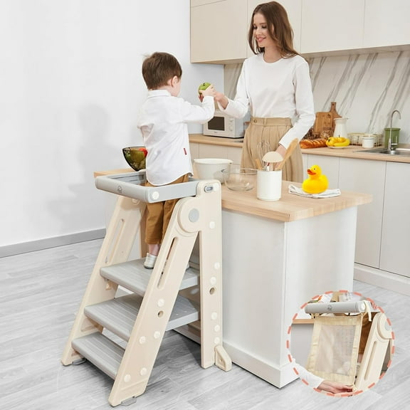 Toddler Tower Kitchen Learning Stool Helper, Montessori Kids Standing Tower for Counter, Collapsible Adjustable Baby Child Step Stool with Safety Net for Bathroom Sink (Grey)