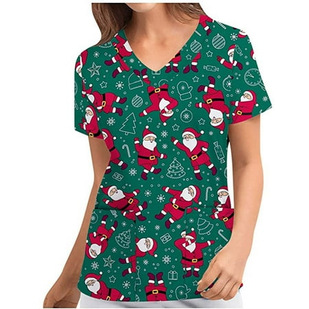 

Chiccall Women s Christmas Costume V-Neck Short Sleeve Nursing Uniform Xmas Santa Gifts Deer Printed Workwear Holiday Graphic Tees Blouse Scrubs Tops with Pockets on Clearance