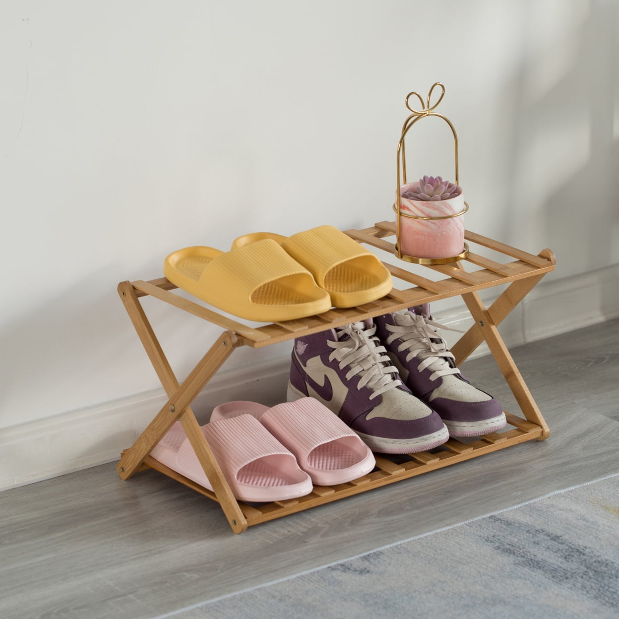 Basicwise Foldable Bamboo Shoe Rack and Storage Shelf Multi-Purpose Wooden Organizer for Entryway Closet or Living Room Space-Saving Stand for Shoes Slippers Plants Towels and Home Décor, 4-Tier