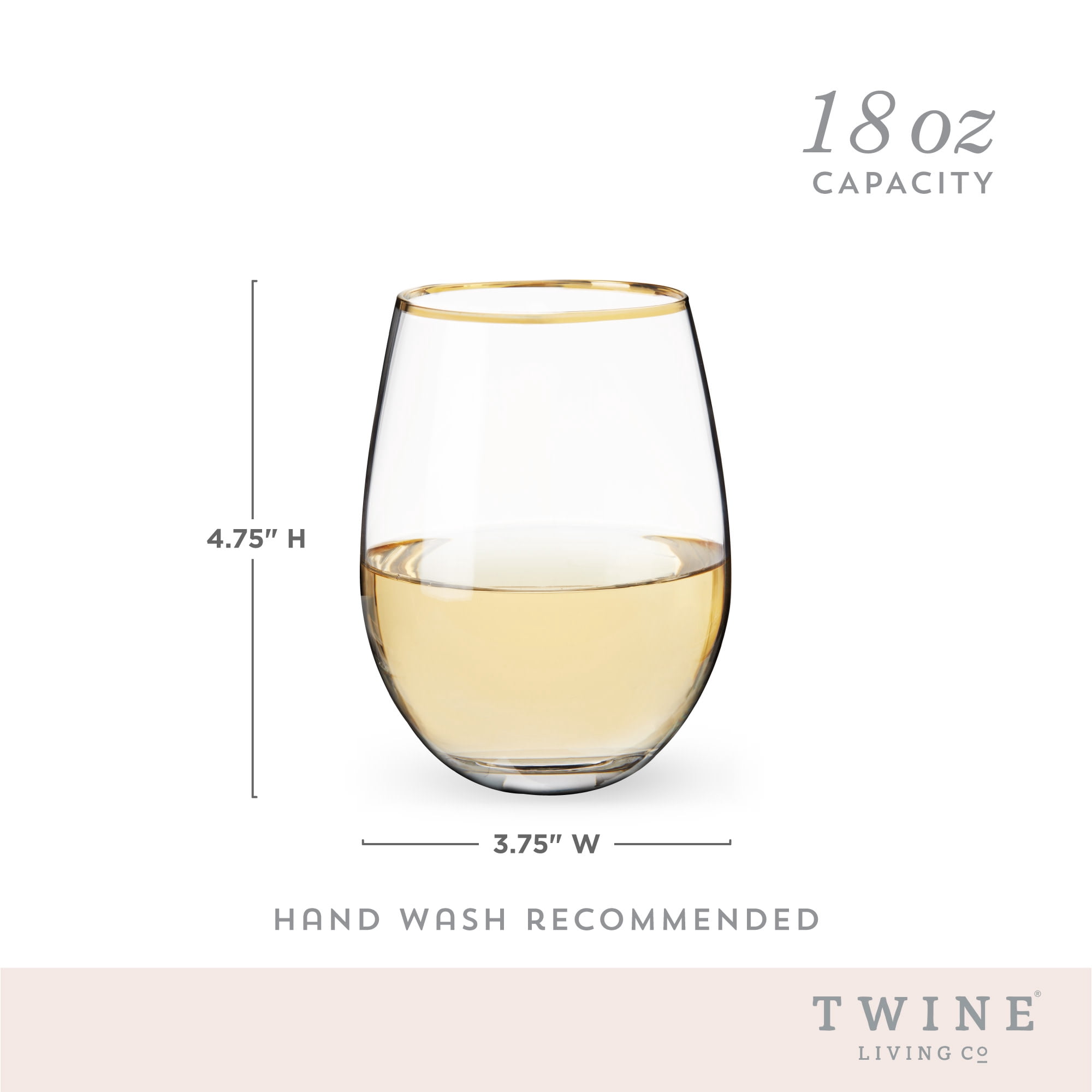 Twine Gilded Gold Rimmed Stemless Wine Glasses, Party Barware 18oz Set of 2
