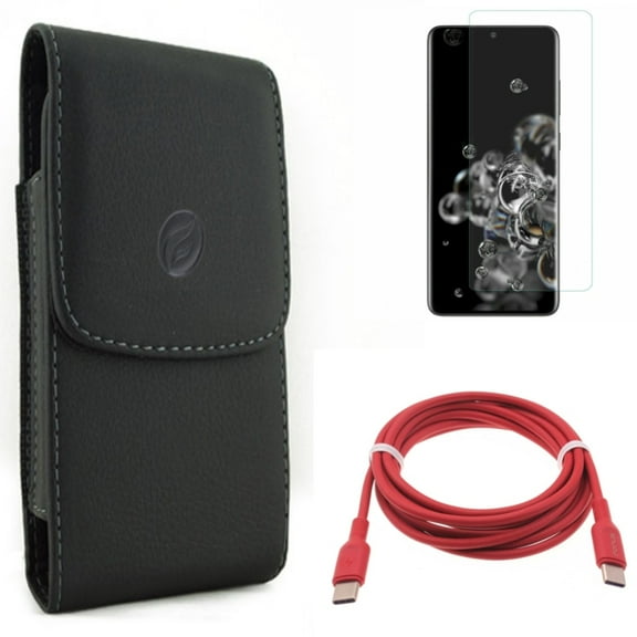 Screen Protector w Case Belt Clip w Red 6ft Long Cable for Samsung Galaxy S20 Ultra - Tempered Glass [Fingerprint Unlock] 3D Curved Edge, Leather Holster Cover, USB-C to Type-C fits Galaxy S20 Ultra