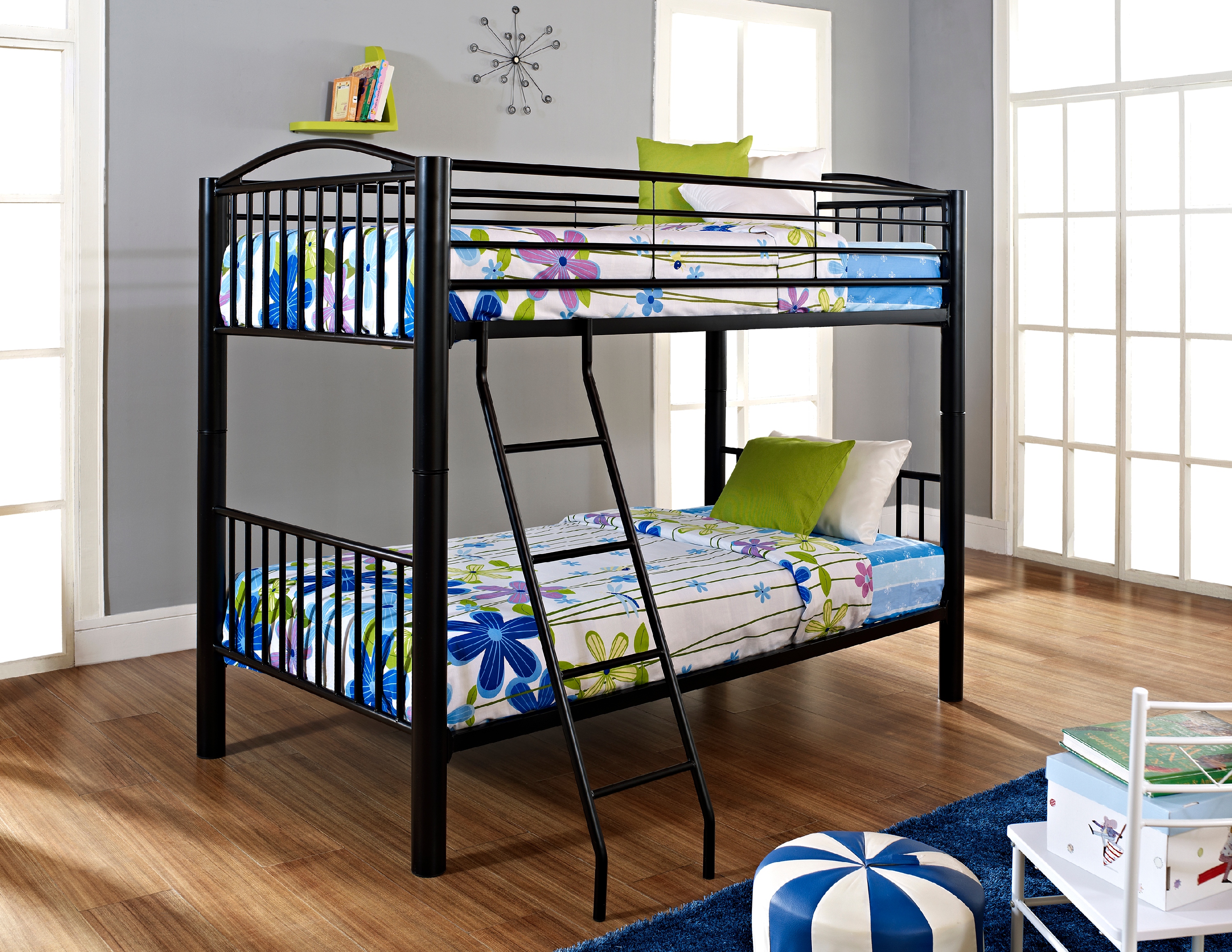 Powell Kalmia Twin Over Twin Heavy Metal Convertible Bunk Bed with Ladder, Black Finish