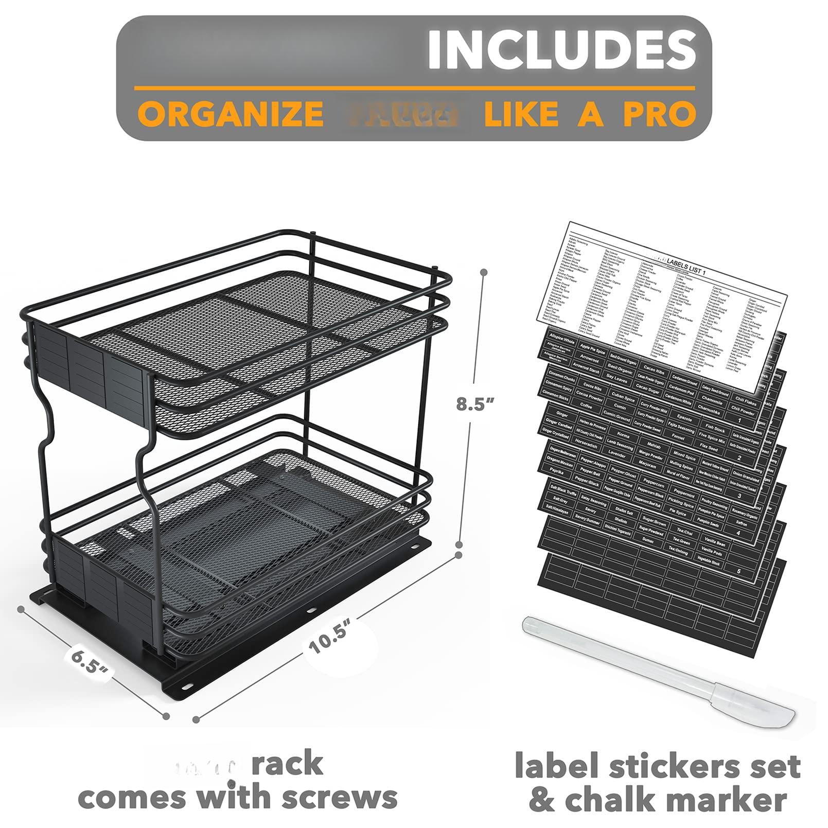 Pull Out Spice Rack Organizer For Cabinet  Heavy Duty Slide Seasoning Kitchen With Labels And Chalk Marker 6.5" W X10.75 D X8.5 H 1 Drawer 2-tier