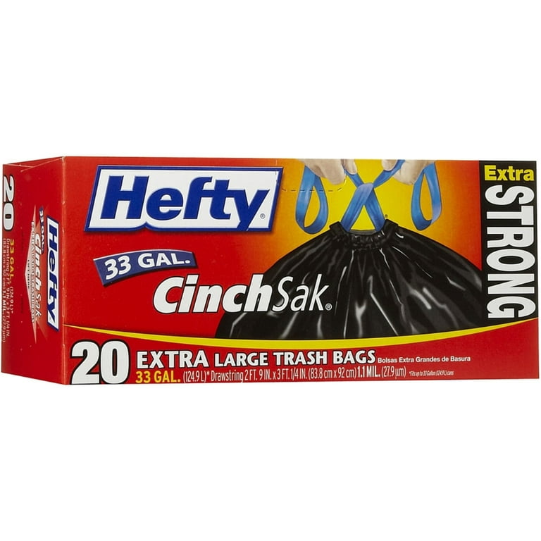 Hefty Cinch Sak Extra Large Strong Trash Bags, 33 Gallon, Black 20 ea (Pack of 2), Size: XL
