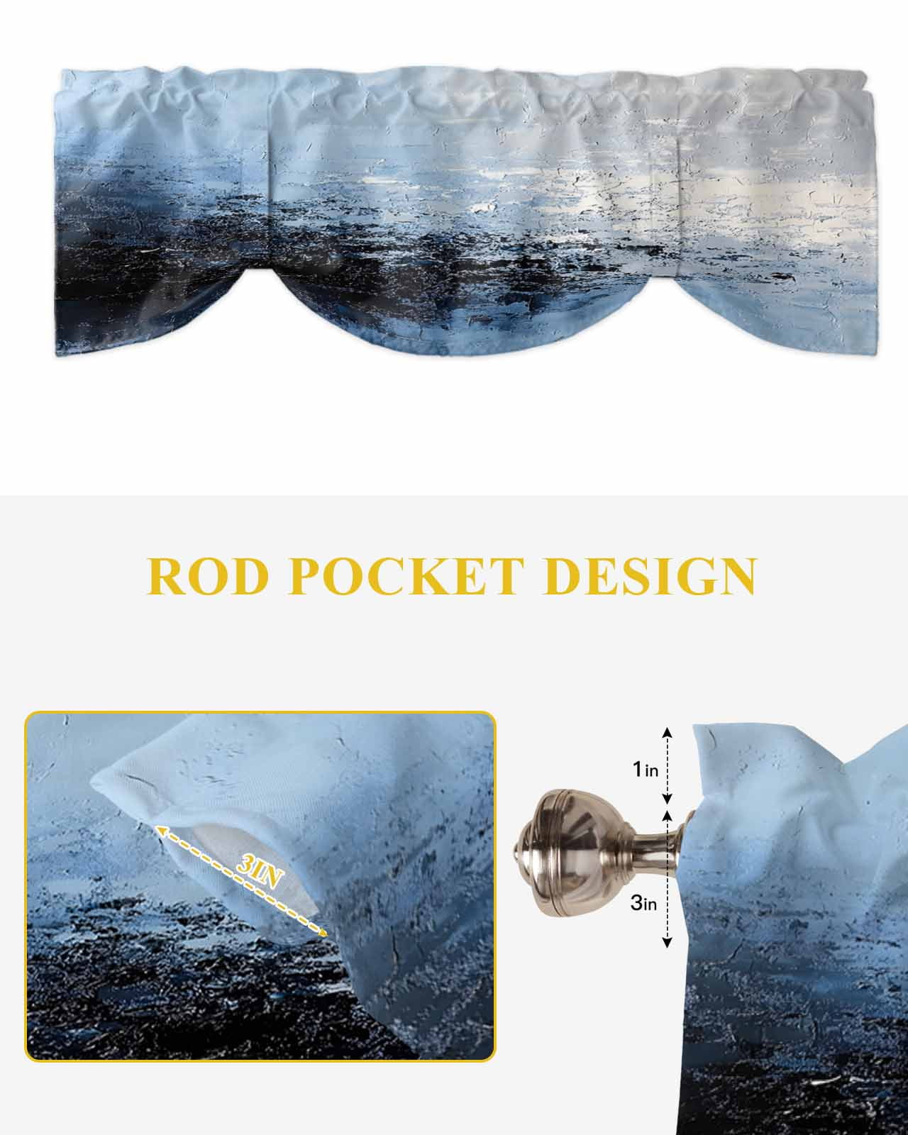 Abstract White Ombre Blue Tie Up Valances Curtain, Oil Painting Ombre Modern Kitchen Valances for Windows Decor, Rod Pocket Short Curtains Set for Bedroom/Bathroom, 60"x18"