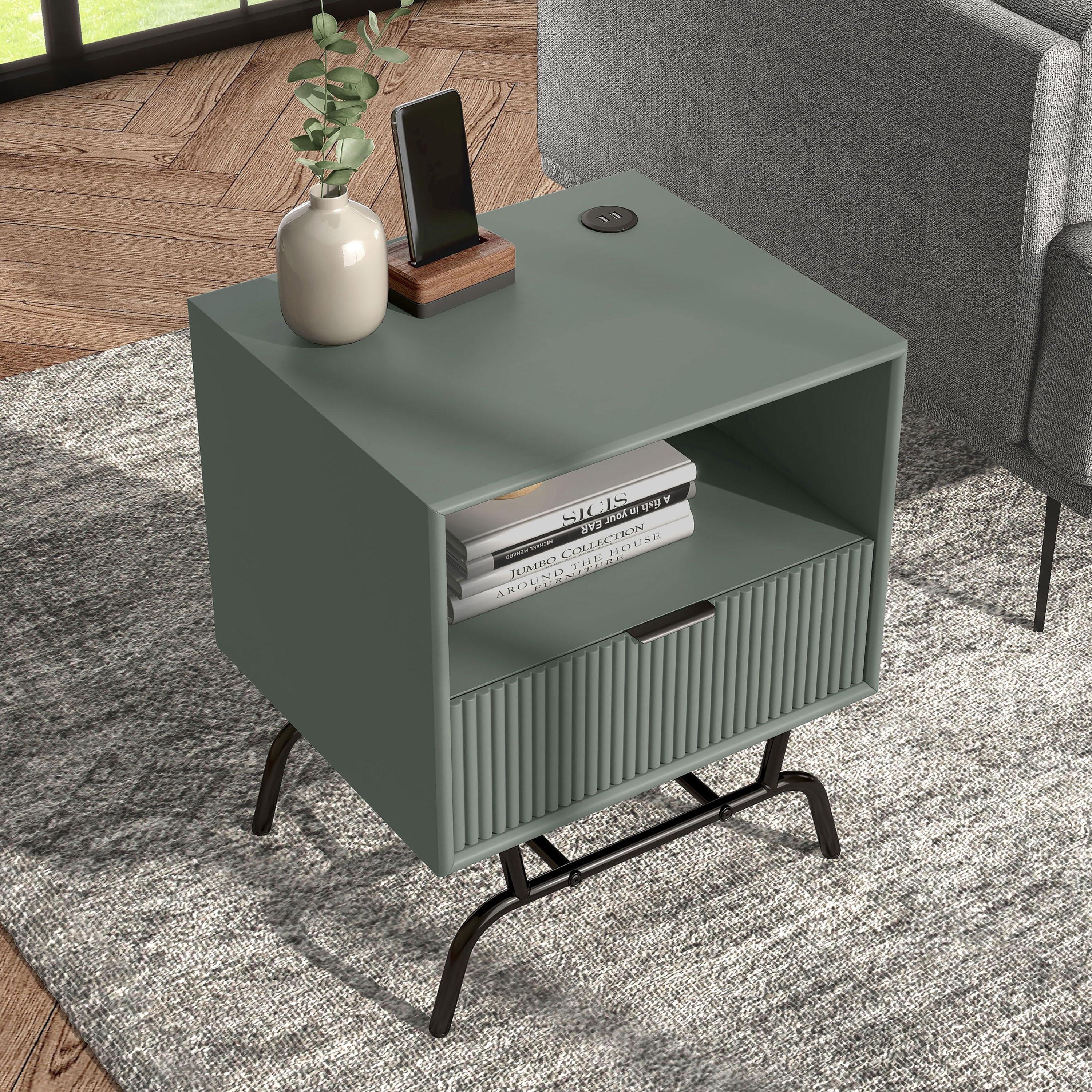 Furniture of America Estee 1-Drawer Wood Indoor End Table with USB Port, Sage Green