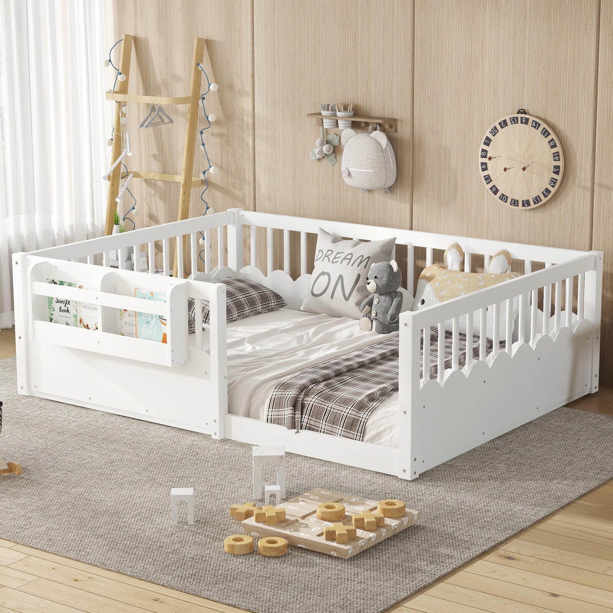 Mintazer Full Montessori Floor Bed with Bookshelf & Heightened Fence, Kids Wood Floor Bed for Boys and Girls, White
