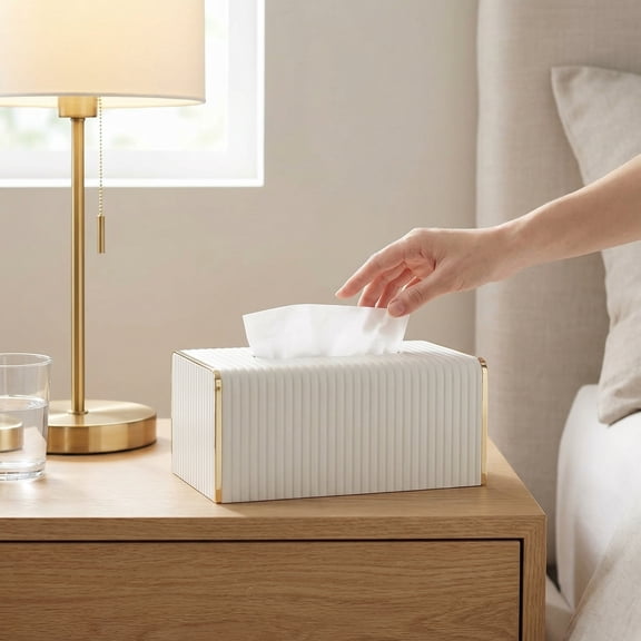 Tissue Box Cover,White Rectangle Leather Tissue Box Holder with Gold-Tone Edging Decoration,Decorative Tissue Cover for Bathroom Toilet Bedroom Living Room Table Desk Office (White, Rectangle)