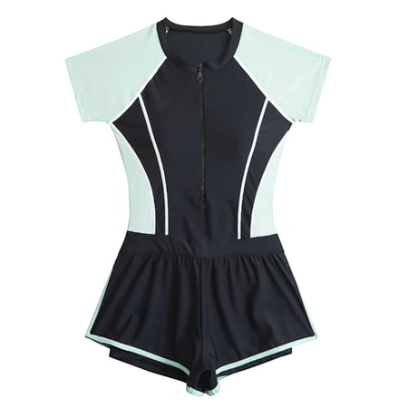 Swimsuit for Girls One Piece Short Sleeve Zip Up Rashguard Swim Set Bathing Suits Beach Shorts Swim Shirts Set Size 6-8 Y