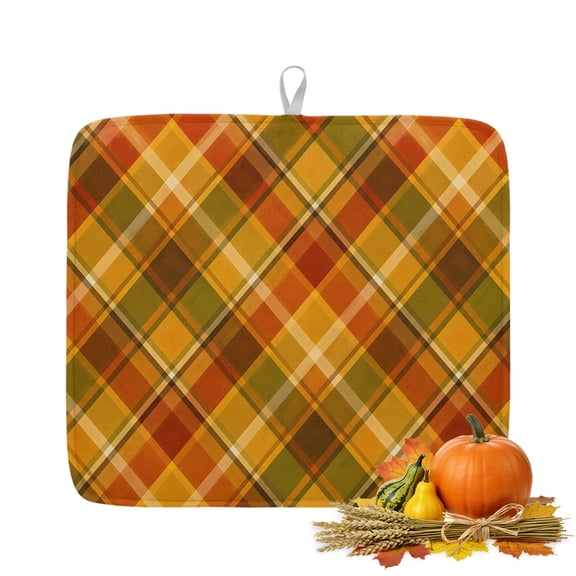 Fall Diamond Tartan Plaid 1 Pack Dish Drying Mat,Absorbent Drying Pad Rustic Thanksgiving Theme Microfiber Kitchen Countertop Protector Mats Dish Drainer Rack Mat for Dishes Cups Glassware,16x18in