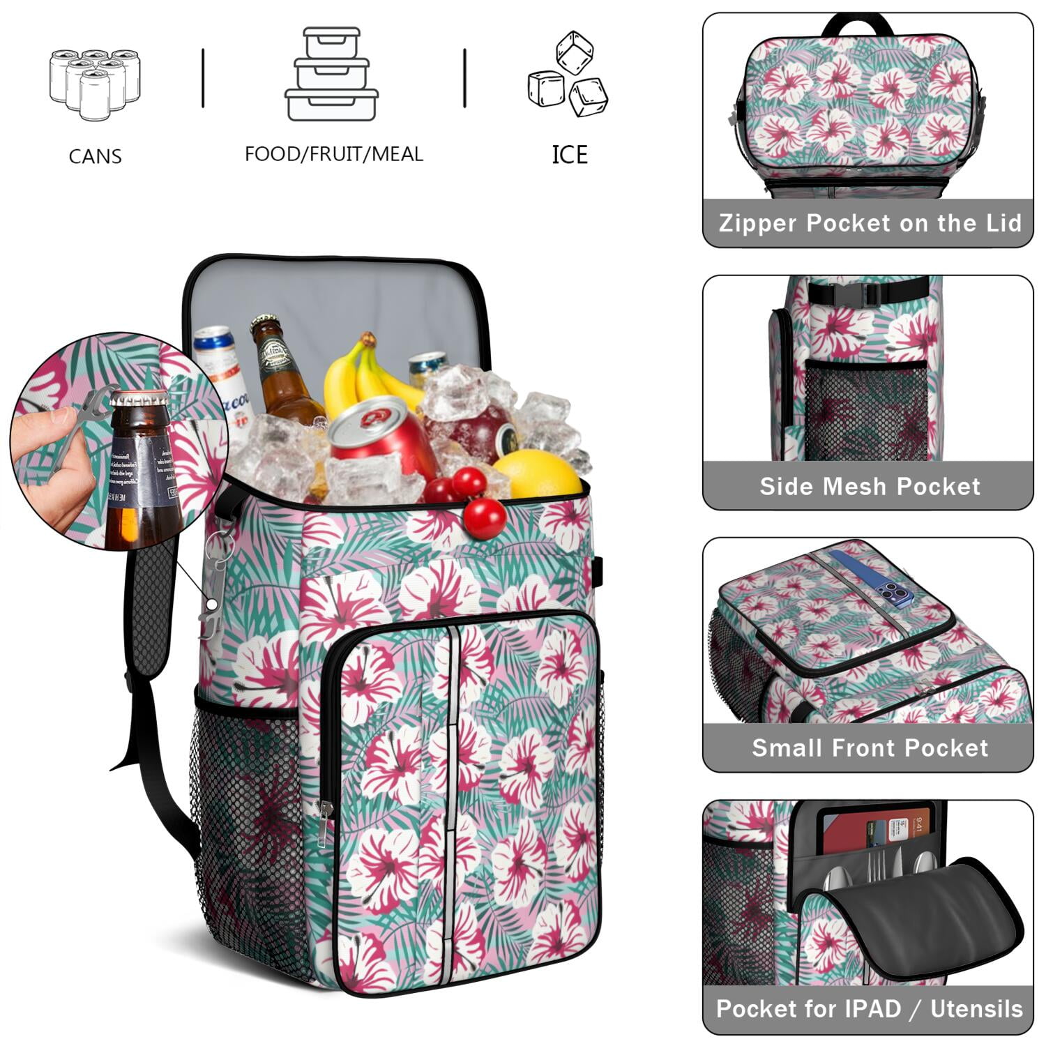 Travel Cooler Bag - Pioneer Flower Floral Print Pattern Camping Beer Cooler Backpack with Bottle Opener- Waterproof Insulated Picnic Backpacks - Cooler Bag for Beach