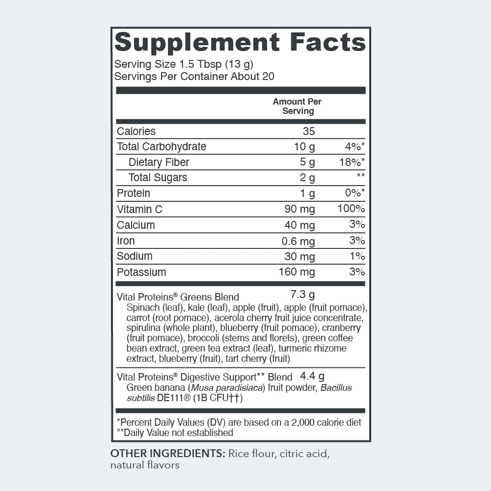 Vital Proteins Daily Greens with Probiotic & Digestive Gut Health Support Powder Mix Supplement with Daily Fiber, Green Apple, 9.3 oz