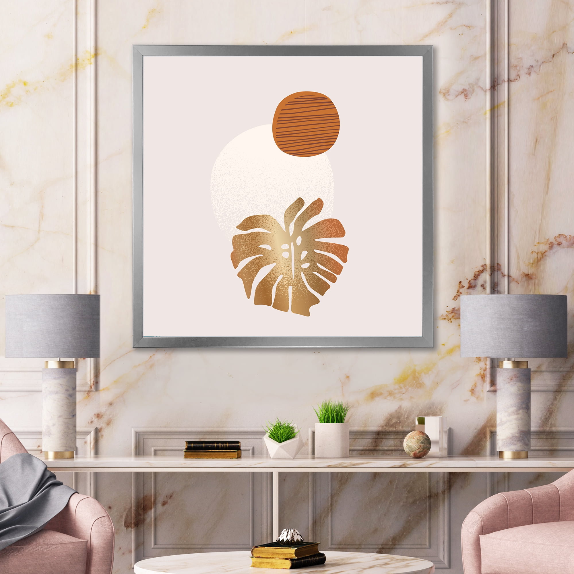 Designart 'Abstract Geometry Shapes and Tropical Palm Leaf II' Modern Framed Art Print