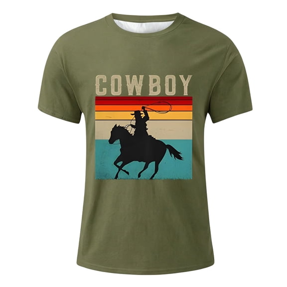 Tisuna Boys Cowboy T Shirts Kids Short Sleeve Graphic Print Crew Neck Tops Lightweight Boys Everyday Wear Tee Shirts Size 2-3 Years Army Green
