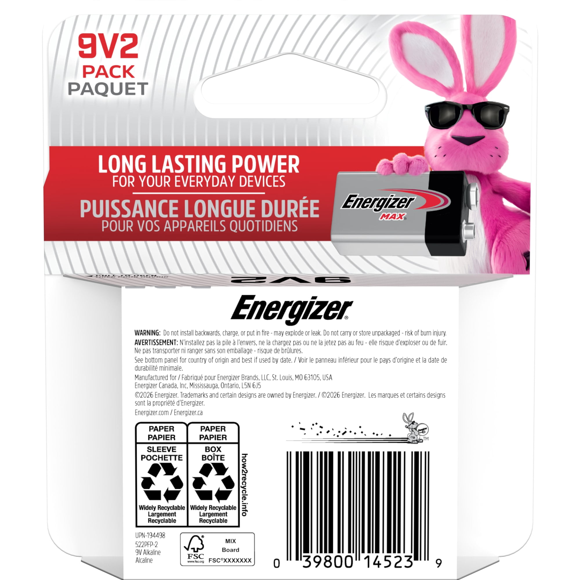 Energizer MAX 9V Batteries (2 Pack), 9 Volt Alkaline Batteries